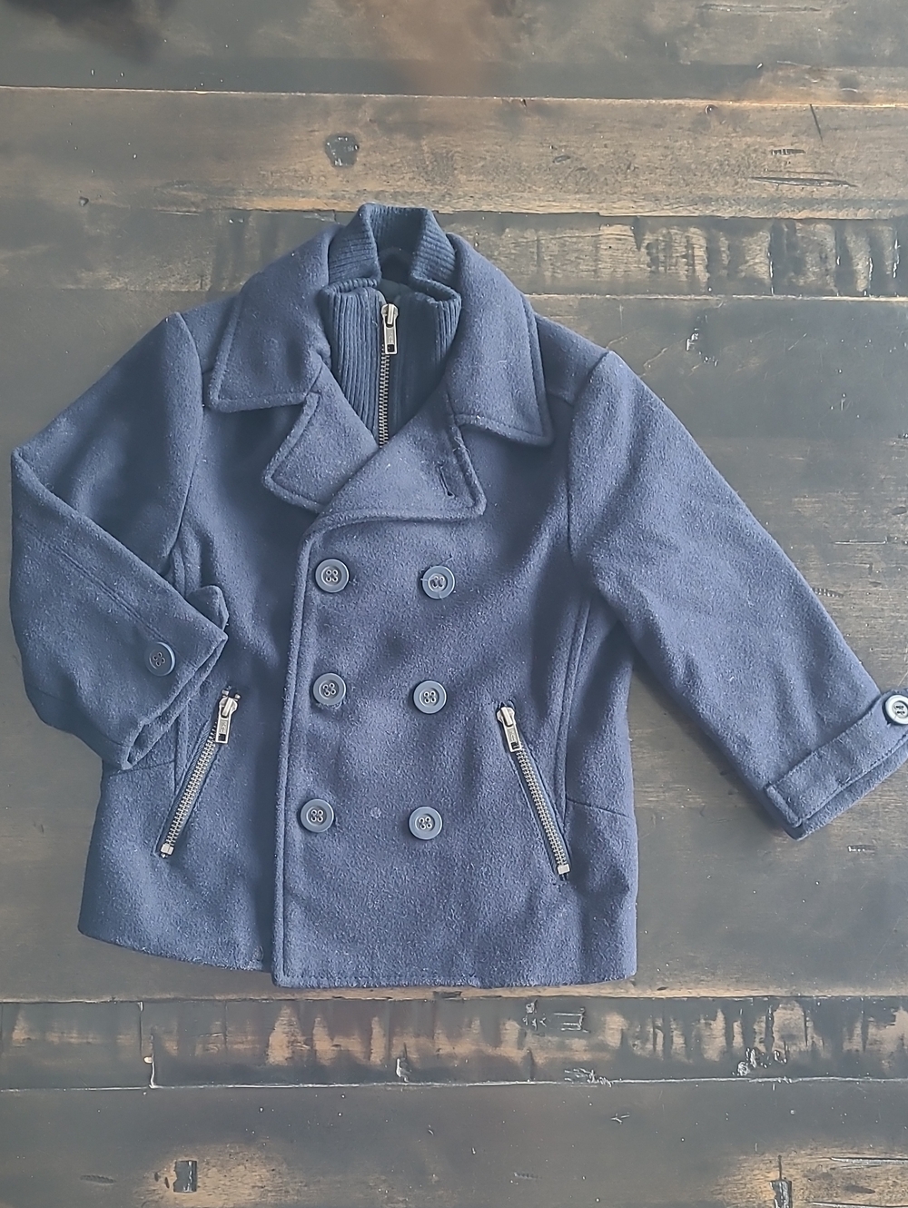 H&M Navy Double-Breasted Kids Pea Coat with Zip Pockets